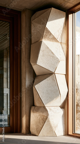 Faceted Geometric Architectural Column beside Window in Warm Modern Interior with Copy Space