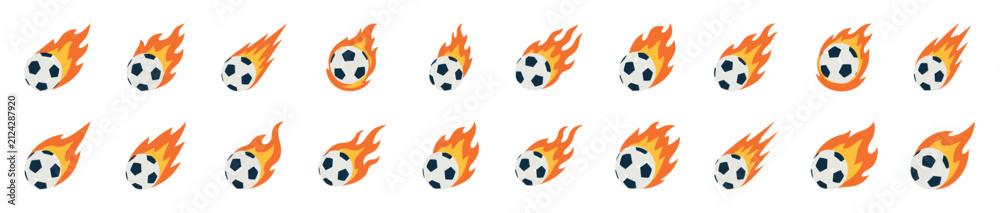 Fototapeta premium Collection of flaming soccer ball illustrations showing a sprite sheet animation sequence for a powerful kick, representing speed, energy, and a fiery goal in a flat design style