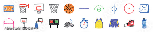 Colorful hand-drawn set of basketball icons with a crayon texture, featuring sports equipment like a ball, hoop, jersey, sneaker, and game elements like a court and scoreboard