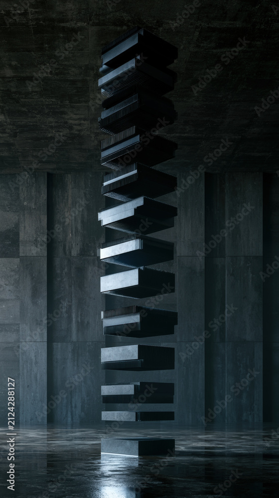 Fototapeta premium Dark Sculptural Spiral Staircase Tower in Brutalist Interior with Copy Space