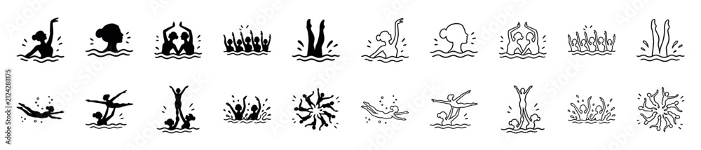 Obraz premium Set of synchronized swimming icons in silhouette and line art styles shows various athletic poses, graceful formations, and elegant routines for solo, duet, and team events