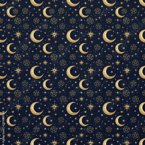 crescent moon and stars pattern on dark blue background for Halloween fabric, wallpaper and celestial design.