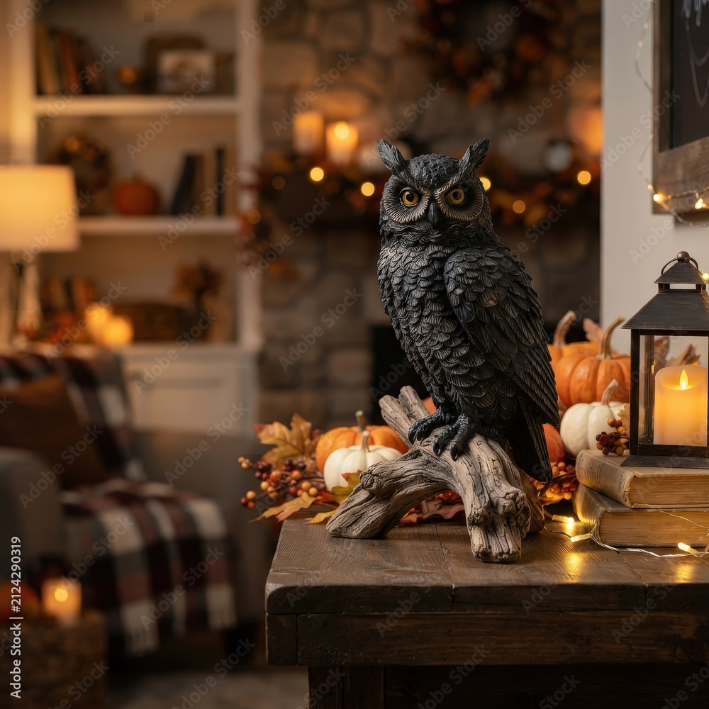 Naklejka premium Black raven perched among Halloween decorations for spooky storytelling, gothic home decor and seasonal event promotions.