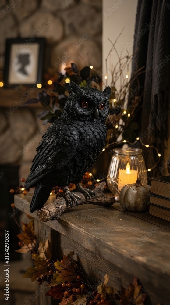 Naklejka premium Black raven perched among Halloween decorations for spooky storytelling, gothic home decor and seasonal event promotions.