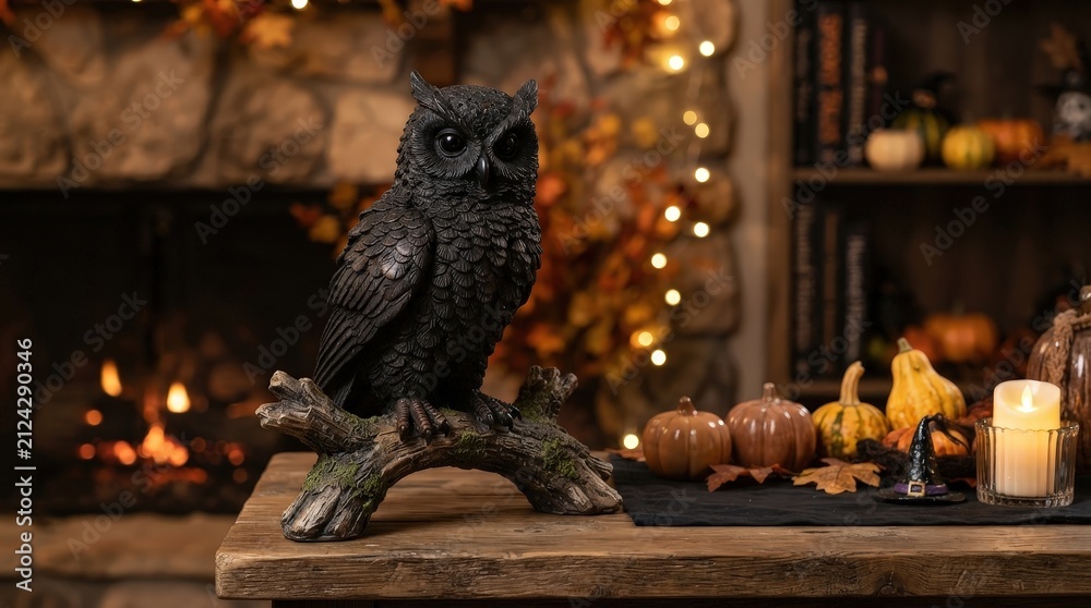 Naklejka premium Black raven perched among Halloween decorations for spooky storytelling, gothic home decor and seasonal event promotions.
