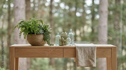 Minimalist wooden console table featuring potted fern succulents and decorative glass bottles near forest view with blurred forest background