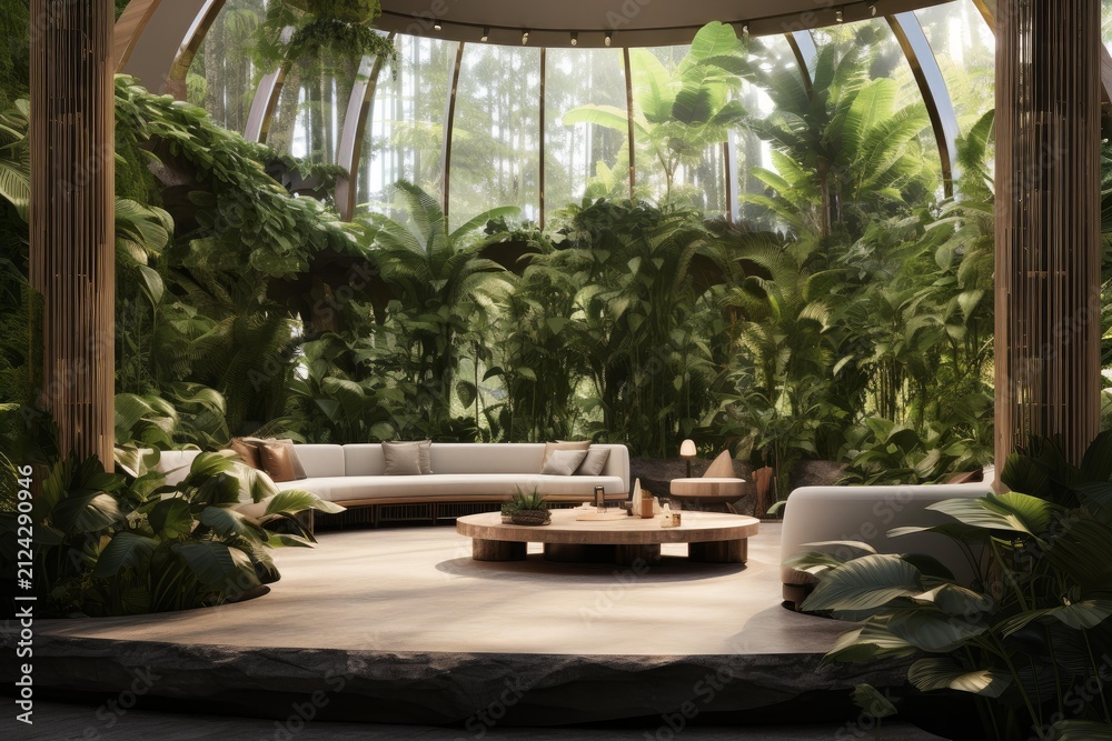 Fototapeta premium Modern biophilic living space integrating lush green plants with minimalist furniture under a dome