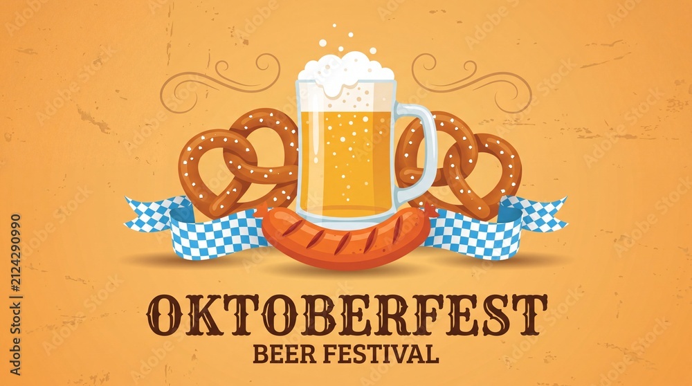 Obraz premium Oktoberfest beer festival illustration featuring a beer mug, pretzels, and sausage with a decorative background in warm colors