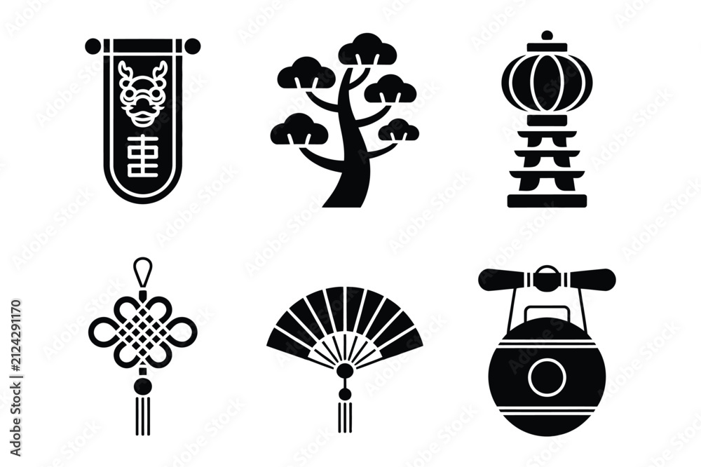 Naklejka premium Asian traditional cultural symbol collection silhouettes with oriental, tradition