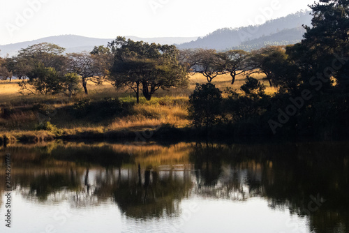 Late afternoon view over Hippo Lake in Mlilwane Wildlife Sanctuary, Eswatini, with the landscape of the surrounding wooded savanna in the calm water.
