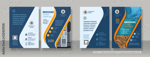 Brochure cover creative design. Multipurpose universal template, include cover and back pages. 
Trendy flat geometric style. Two sample layouts and color schemes. Vertical book a4 format. Scale 3:1