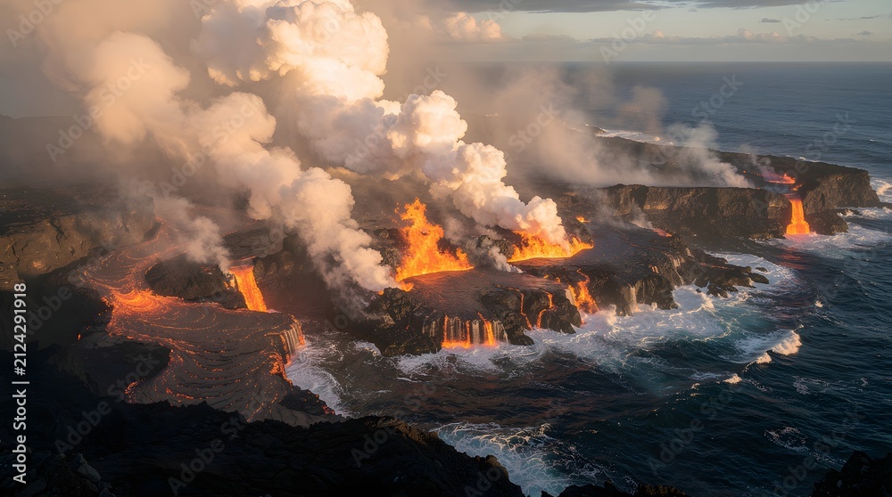 Fototapeta premium Molten lava reaches the ocean waves creating thick steam.