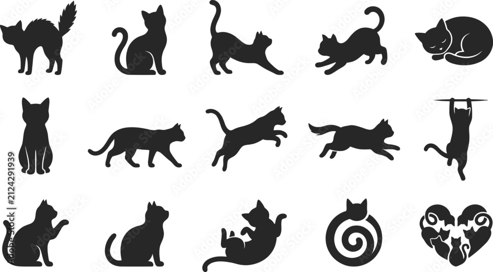 Obraz premium Collection of various black cat poses in a creative graphic design style perfect for a spooky halloween cat themed silhouette