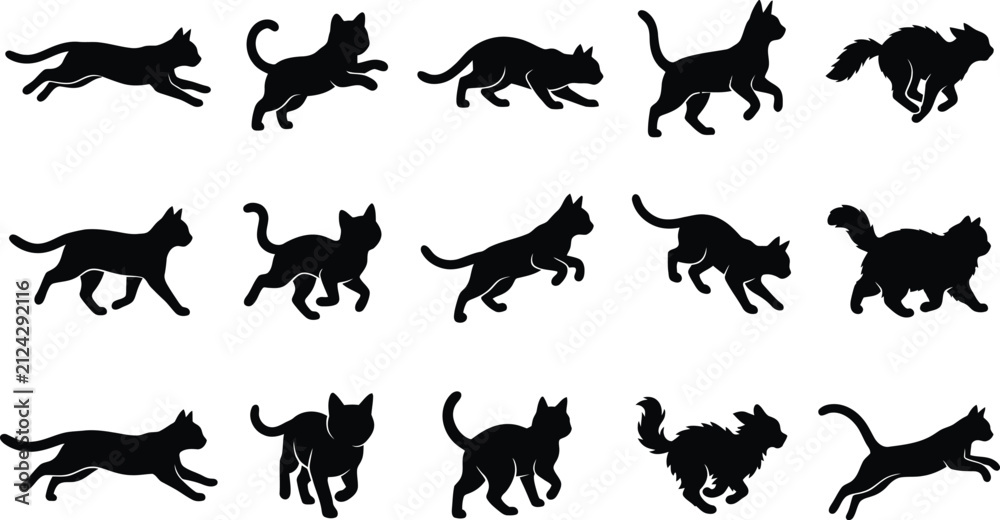 Fototapeta premium Collection of various black halloween cat poses featuring dynamic movement and playful actions captured in a clean artistic minimalist black silhouette