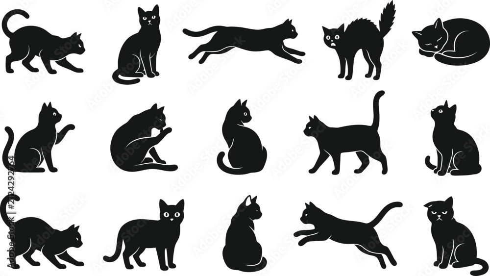 Fototapeta premium Collection of various black cat poses for creative holiday projects featuring a distinctive and artistic halloween cat themed graphic design silhouette
