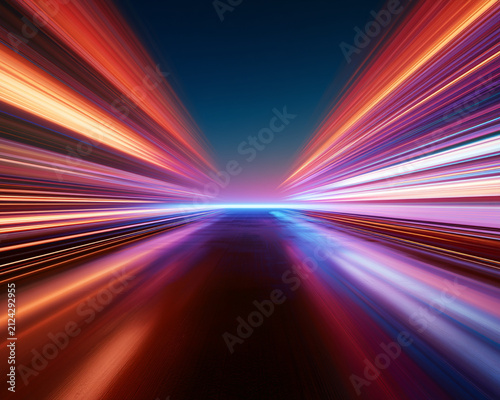 Bright abstract trails weave smoothly across an endless digital route. Soft glowing reflections enrich the futuristic atmosphere. Stylish vector artwork.