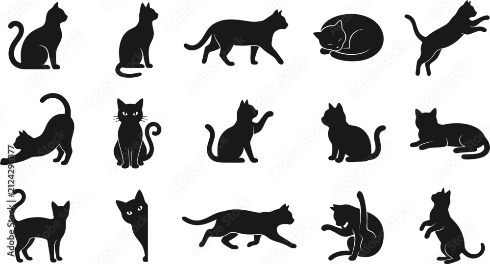 Fototapeta premium Collection of various black cats in different poses for spooky holiday decorations presented as a creative and artistic graphic design silhouette
