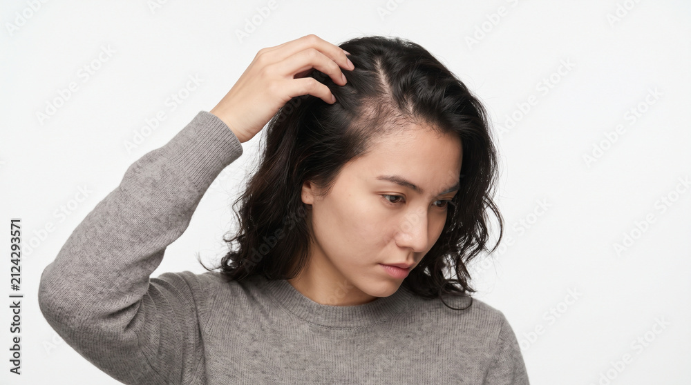 Fototapeta premium Worried young woman touching her hair showing visible thinning and hair loss