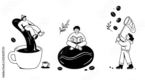 Minimal coffee themed lifestyle illustration set with reading relaxation and coffee harvest concepts