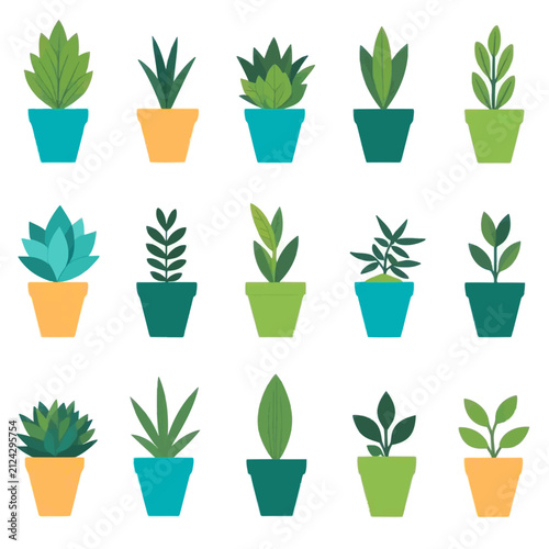 Potted plants set vector, Isolated on white background.