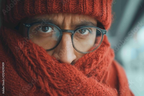 Person wearing a red hat and scarf on a cold day while looking directly at the camera