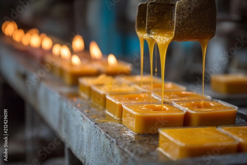 Candle making process with melted wax being poured into molds in a factory setting