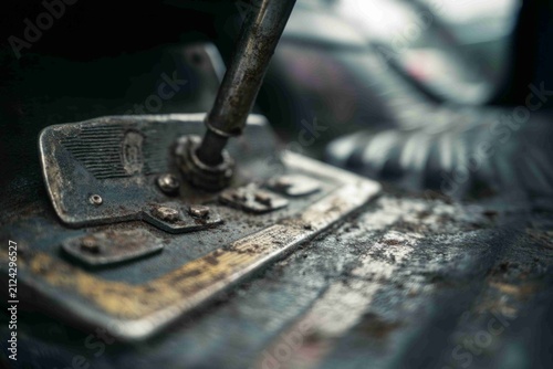 Old gear shift in a dirty vehicle interior shows signs of wear and use