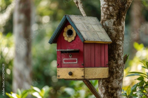 Birdhouse hanging on a tree in a garden during the day surrounded by greenery