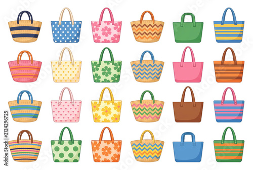 colorful reusable shopping bags in different patterns and styles isolated for branding, retail, packaging, fashion, and design projects.