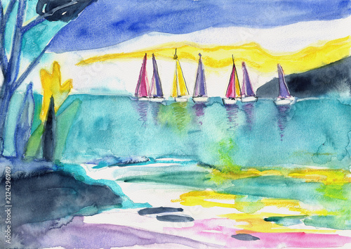 Colorful sailboats on the French Riviera, hand-painted watercolor
