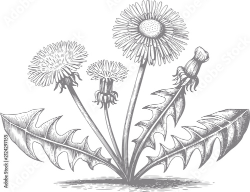 Detailed vintage-style botanical of dandelion flowers and jagged leaves on a plain white background