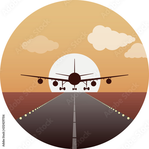 Airplane taking off or landing on runway during sunset background flat vector circle badge illustration