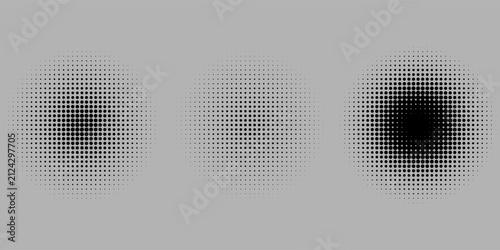 Set of halftone dots gradient pattern texture isolated on white background. Straight dotted spots using halftone circle dot raster texture. Vector blot half tone collection.
