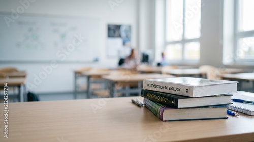 Stack of biology and ecology textbooks on a classroom desk for education background and study preparation in academic settings