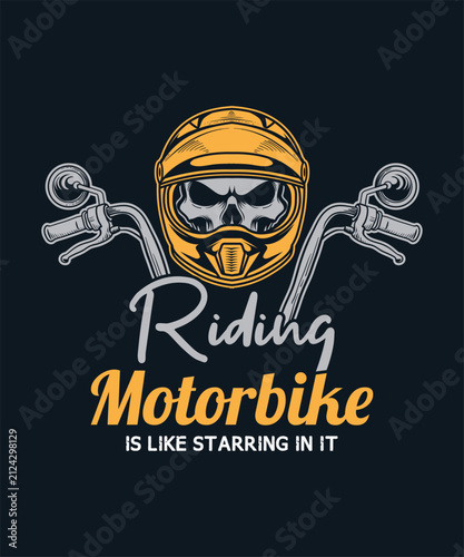 Skull wearing helmet and motorcycle handlebar design for apparel printing as graphic vector.
