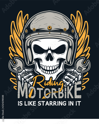 Skull wearing helmet with wings and wrenches for motorcycle t shirt graphic vector design.