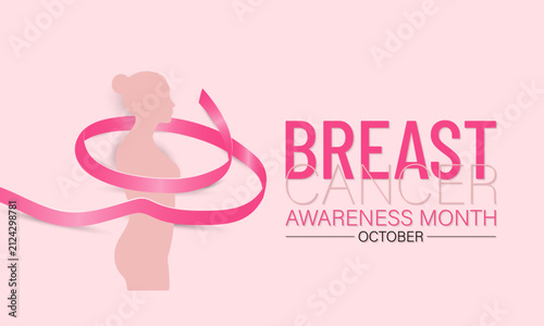 Breast cancer awareness illustration with female silhouette and pink ribbon. Banner poster, flyer and background design template. Vector illustration.