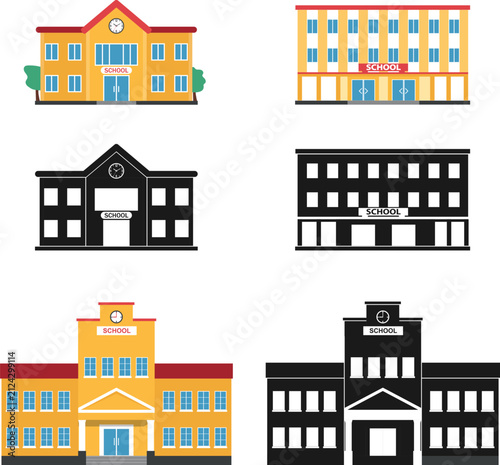 Set of school building icons in flat color and black silhouette isolated on white background