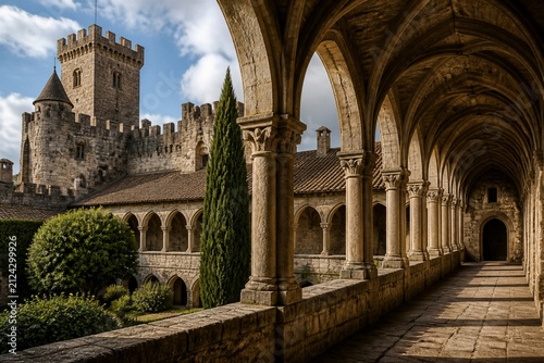 Ancient stone cloister with arched colonnade beside fortified castle