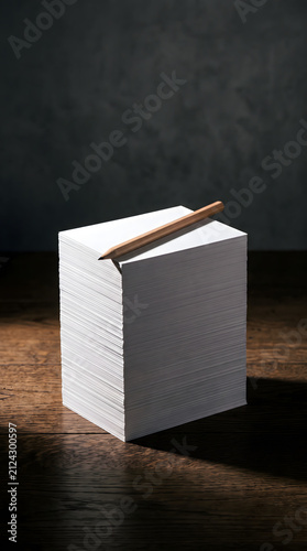 Tall stack of blank white flashcards with a wooden pencil on a dark table, dramatic side lighting