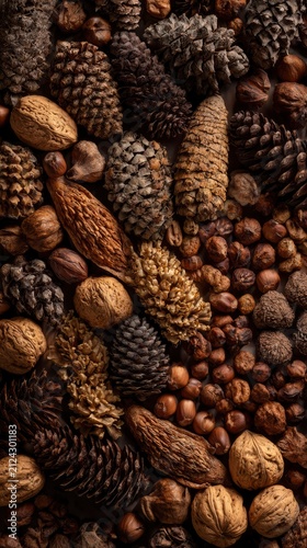 Natural Forest Harvest Texture with Pine Cones Nuts Full Frame