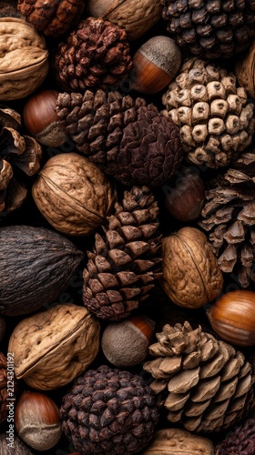 Natural Forest Harvest Texture with Pine Cones Nuts Full Frame