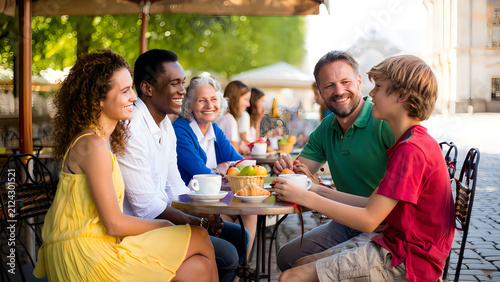 Diverse family eating at outdoor cafe. Multi-generational group enjoying lunch together.