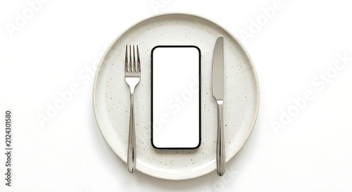 Ceramic plate placed by a smartphone with blank white screen mockup in the center, a silver fork on the left and a silver knife on the right, isolated on white background