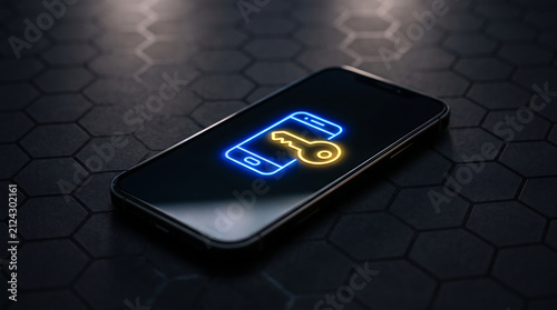 Smartphone lying on dark surface displaying glowing blue mobile security icon with yellow key representing passkey authentication digital privacy access control data safety
