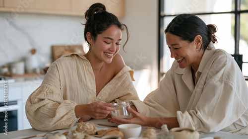 Zero waste consultant and her estranged mother examining a collection of repurposed household items together in a luxury kitchen interior, their tentative body language and close