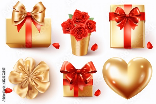 Golden gifts with red ribbons, a bouquet of roses, and a heart symbolizing love and romance