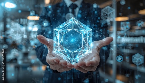 Businessperson holding glowing digital cube hologram in modern office with portrays professional holding luminous digital crystal interface futuristic workspace