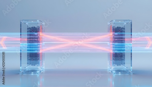 Photonic data bridge connecting two transparent processor units with glowing red with transparent server cabinets speed digital communication
