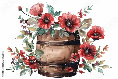 Watercolor painting of red poppies and wildflowers emerging from a rustic wooden barrel, creating a charming floral arrangement